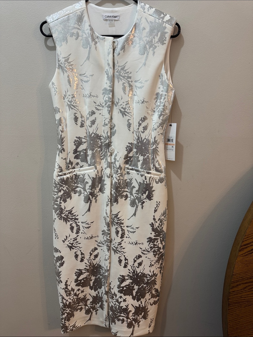 Calvin Klein Cream Sheath Dress with Silver Floral Print